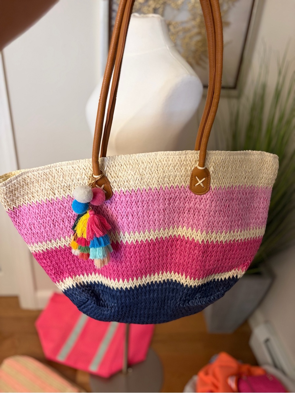 Woven Pink & Navy Straw Tote with Tassel